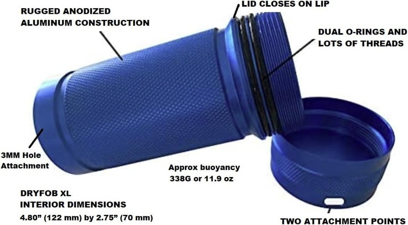 DRYFOB -XL Waterproof PLB Container, Case, Holder - for Scuba Diving and Watersports. Rugged Aluminum. Rated to 330ft(100m) (BLUE-XL) - Image 2
